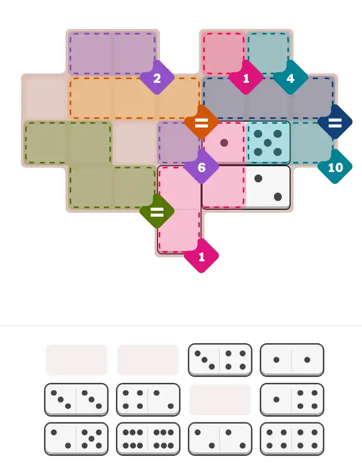 Pips hint for February 14, 2026 – hard level puzzle grid with critical first placements and strategy